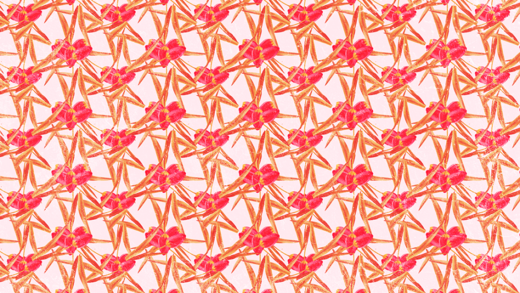 Repeating wallpaper background of intertwinned pink tulips forming hearts over a cream background
