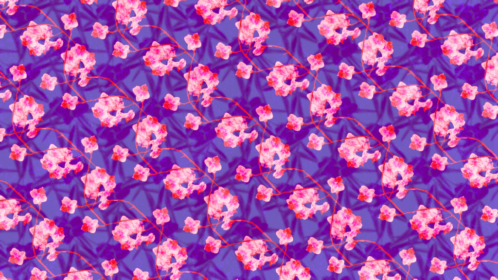Repeating wallpaper pattern of intertwined orchids fading into a pattern of tulips