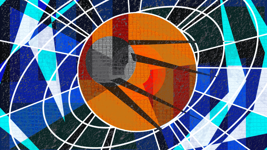 Soviet-style mural of Sputnik I floating in front of the Sun