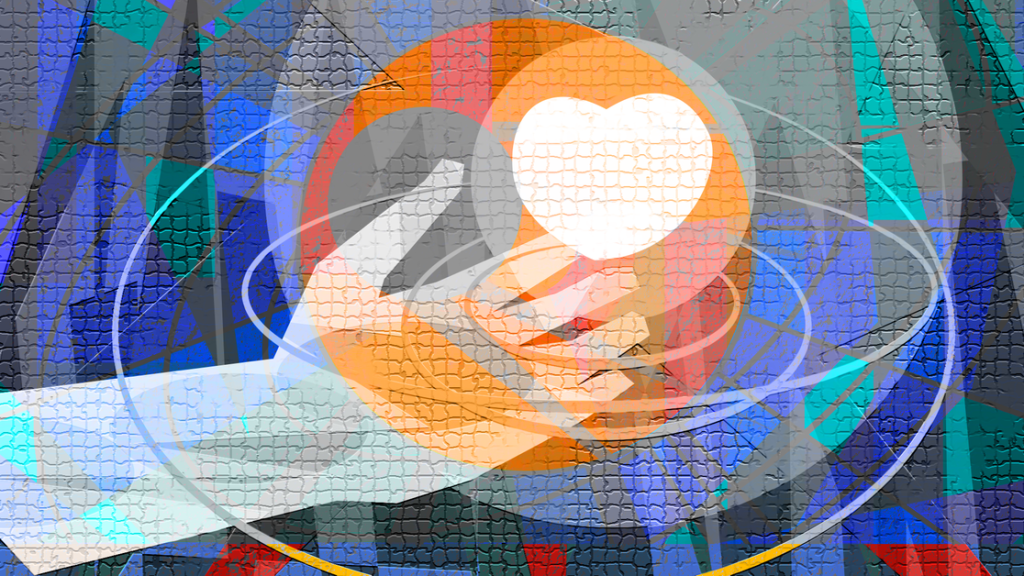 Soviet-style mural of a hand reaching for a shining heart